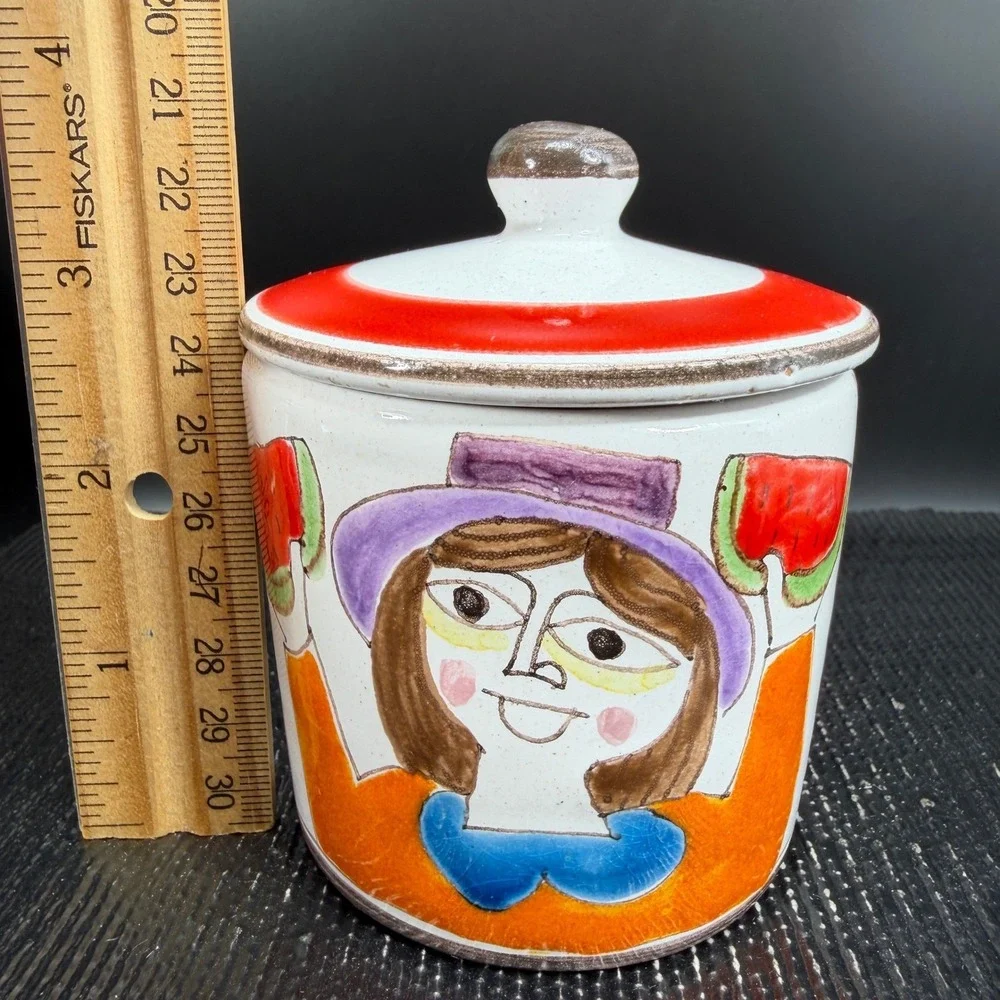 De Simone Italy Salvia Spice Jar Hand Painted Ceramic Folk Art Woman Watermelon